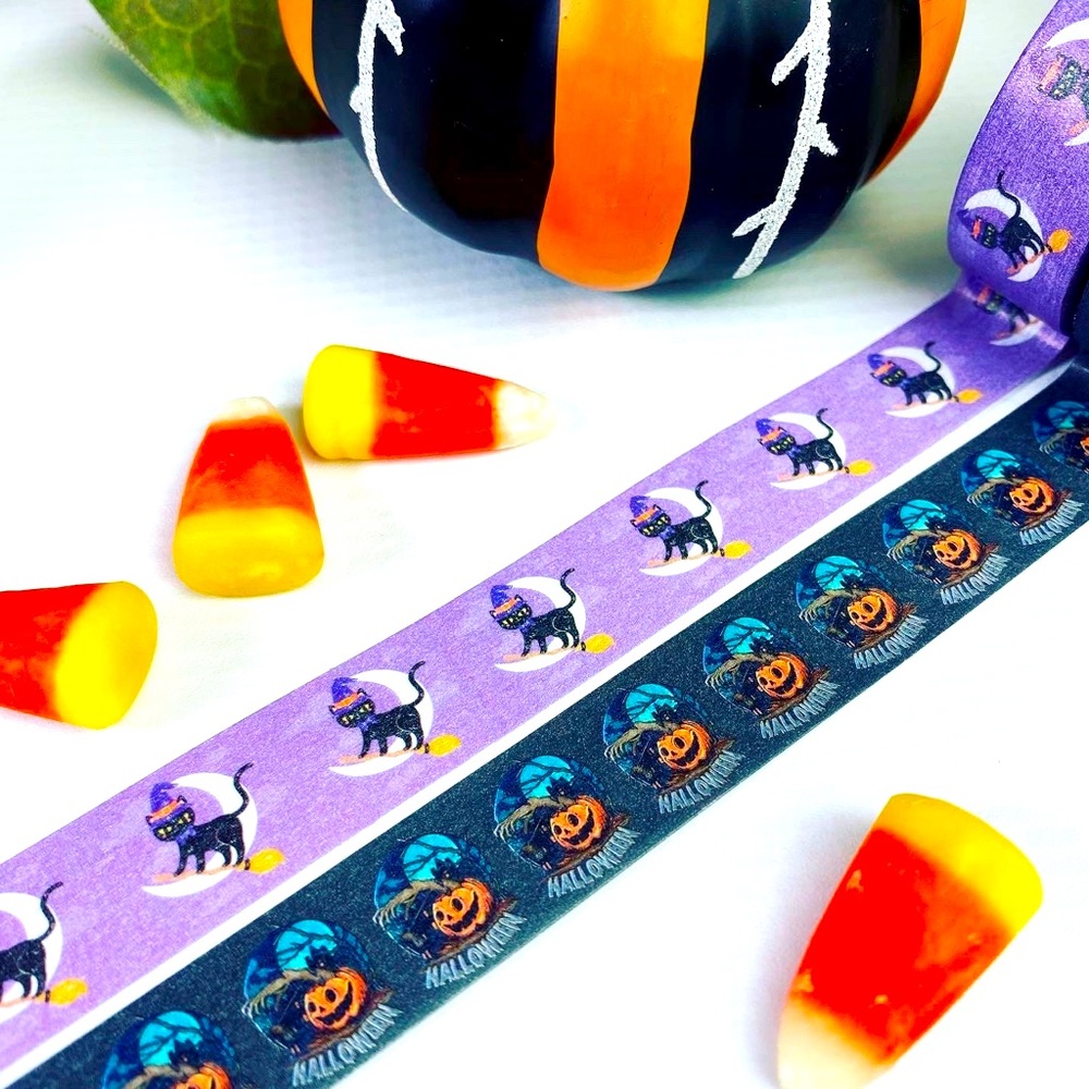 Black Cat Riding Broomstick, Halloween Scene, Washi Tape Set of 2 - Picture 2 of 10